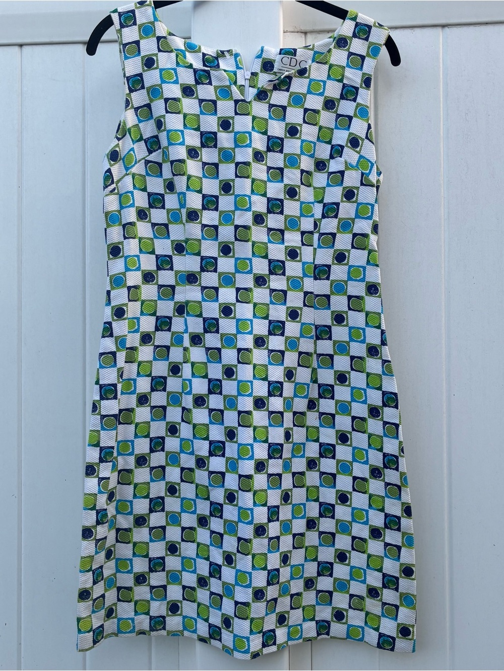 CDC Women’s Geometric Shift Dress White Blue Green Sleeveless Zip Knee Sz 8